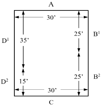 Plan of a rectangular building whose perimeter is divided into six wall sections, labelled A and C along the top and bottom, D1 and D2 down the left side, and B1 and B2 down the right. A and C are each 30 feet; D1 is 35 feet and D2 is 15 feet; B1 and B2 are 25 feet each.